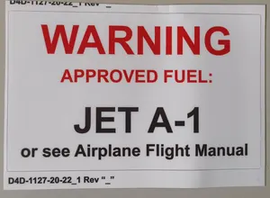 Diamond Aircraft DA40-D D4D-1127-20-22 JET A-1 Wing Warning placard label